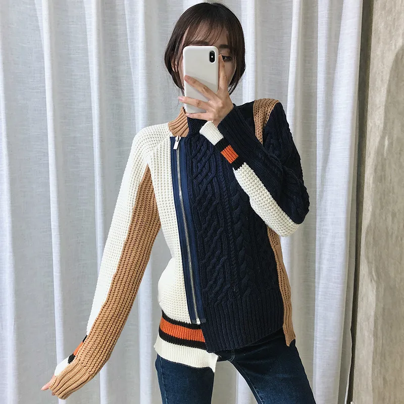 LANMREM Contrast Color Stitching Round Neck Long Sleeve Zipper Irregular Woman Sweater Casual Fashion 2020 Spring New TV296 | Женская
