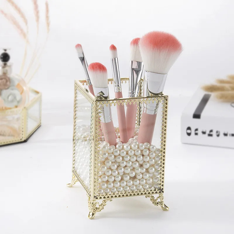 

Quality Glass Makeup Brush Organizer Jewelry Box Pencil Bucket Makeup Brush Box Desktop Cosmetic Storage Box Pearls Barrel