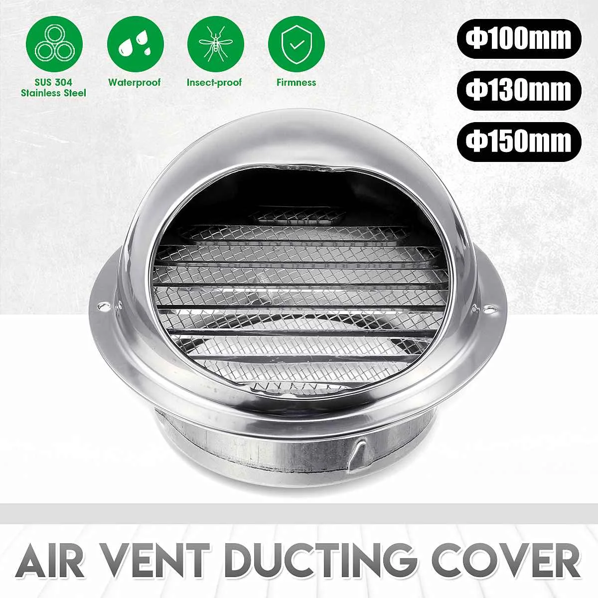 

304 Stainless Steel 100mm/130mm/150mm Duct Cover Round Ventilation System Hood Exhaust Rain Cap Air Vent Rainproof Duct Cover