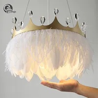 New Dsign Modern White Feather Pendant Lights Gold Crown Girl's Room Hanging Lamp with Crystal Decor for Bedroom Hotel E27 Soket