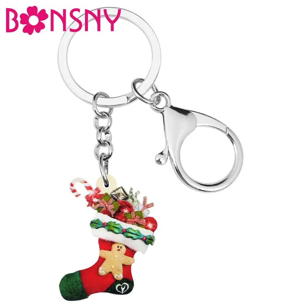 

Bonsny Acrylic Christmas Sock Gift Box Candy Cane Key chains Key Rings Bag Car Purse Keychains For Women Girl Men Gift Accessory