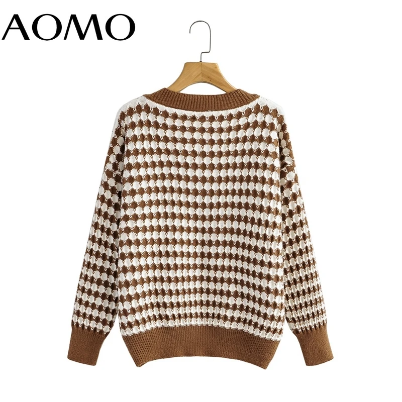 

AOMO Women 2021 Fashion Geometry Oversize Knitted Sweater Jumper V Neck Female Elegant Pullovers Chic Tops 1F284A