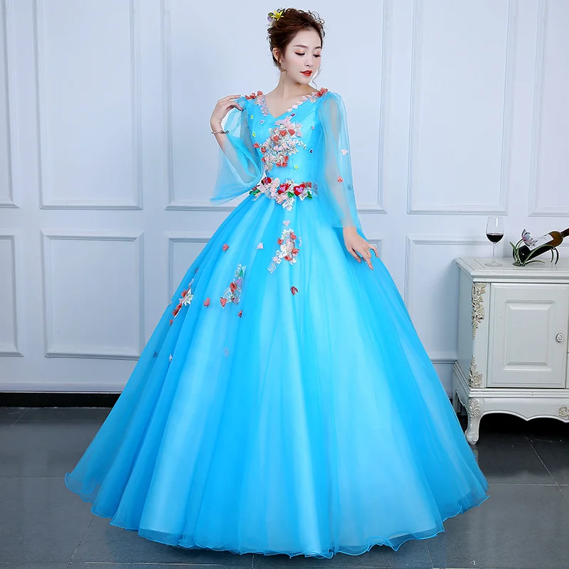 

Long Sleeve Quinceanera Dresses 2021 V-neck Party Dress Vintage Floral Print Ball Gown Back Lace Up Customize Color Vestidos