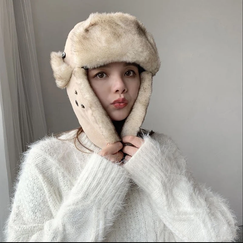 Thick Warm Bomber Hat Men Women White Fur Winter Hats With Mask Male Female Russian Ushanka Hat Ski Earflap Trapper Russian Cap