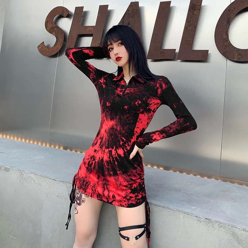 

Women Fashion Zipper V Neck Long Sleeve Tie-dye Stylish Lapel Drawstring Short Mini Bodycon Dress for Ladies