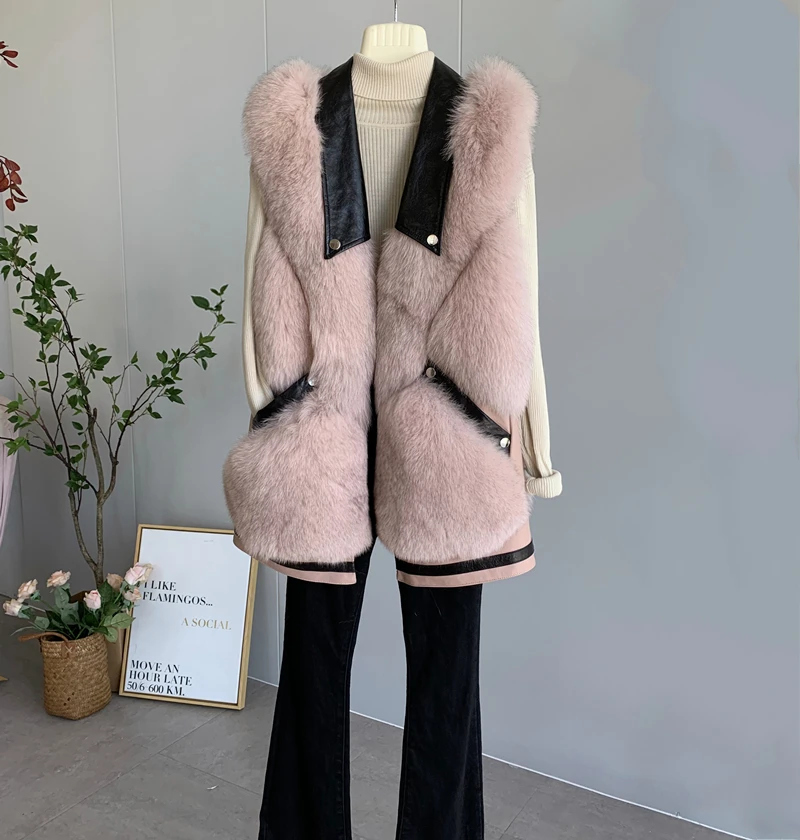 FURSARCAR 2021 New Real Natrual Fox Fur Vest Genuine Motorcycle Leather Fur Women Winter Waistcoat Sheep Skin Fox Fur Gilet