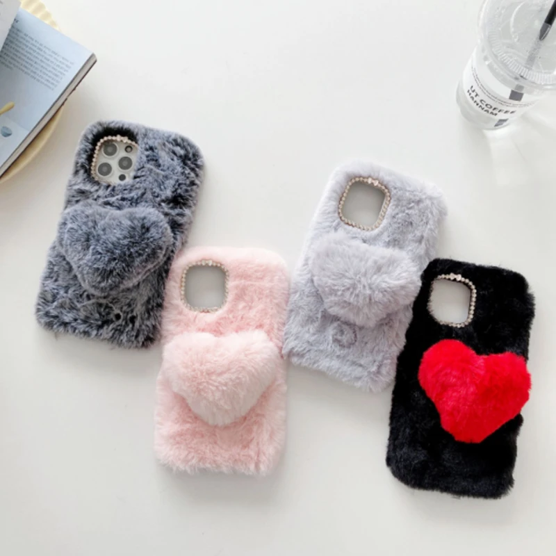 

Luxury Diamond Plush Fur Phone Case For IPhone 13Pro MAX Case 12Pro 11 XS MAX XR X 7 8Plus Warm Cute Love Heart Furry Soft Cover