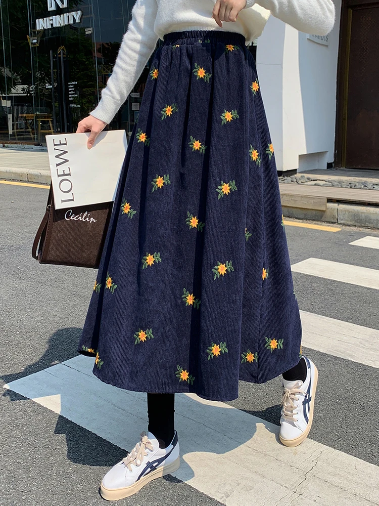 

Женская Вельветовая юбка миди TIGENA, длинная трапециевидная юбка с высокой талией и цветочной вышивкой в Корейском стиле на осень и зиму 2021