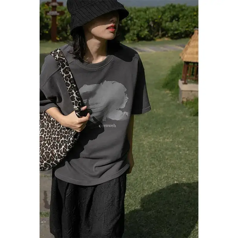 

100% Cotton Short-sleeved T-shirt Female 2021 New Wild Round Collar European And American Personality Portrait Printing