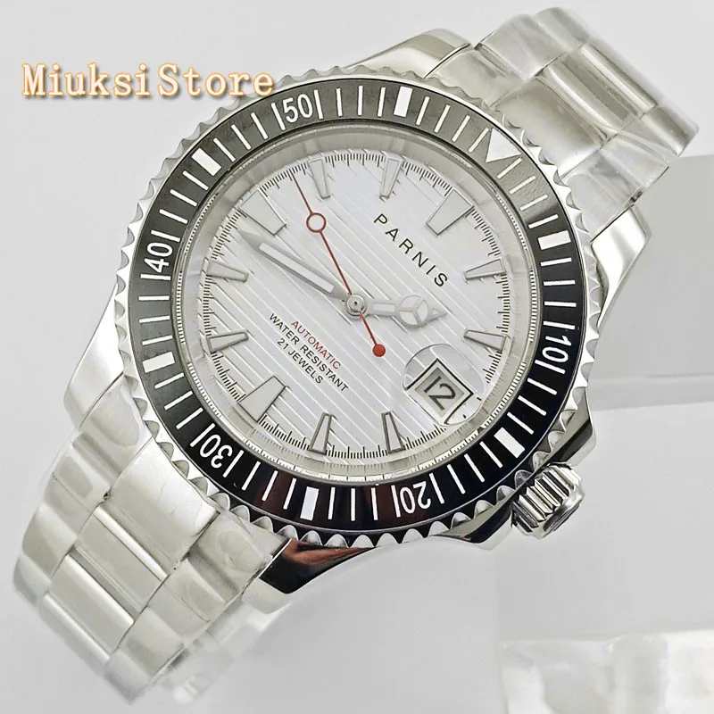 Мужские механические часы Parnis 41 мм сапфировое стекло Керамическая рамка белый