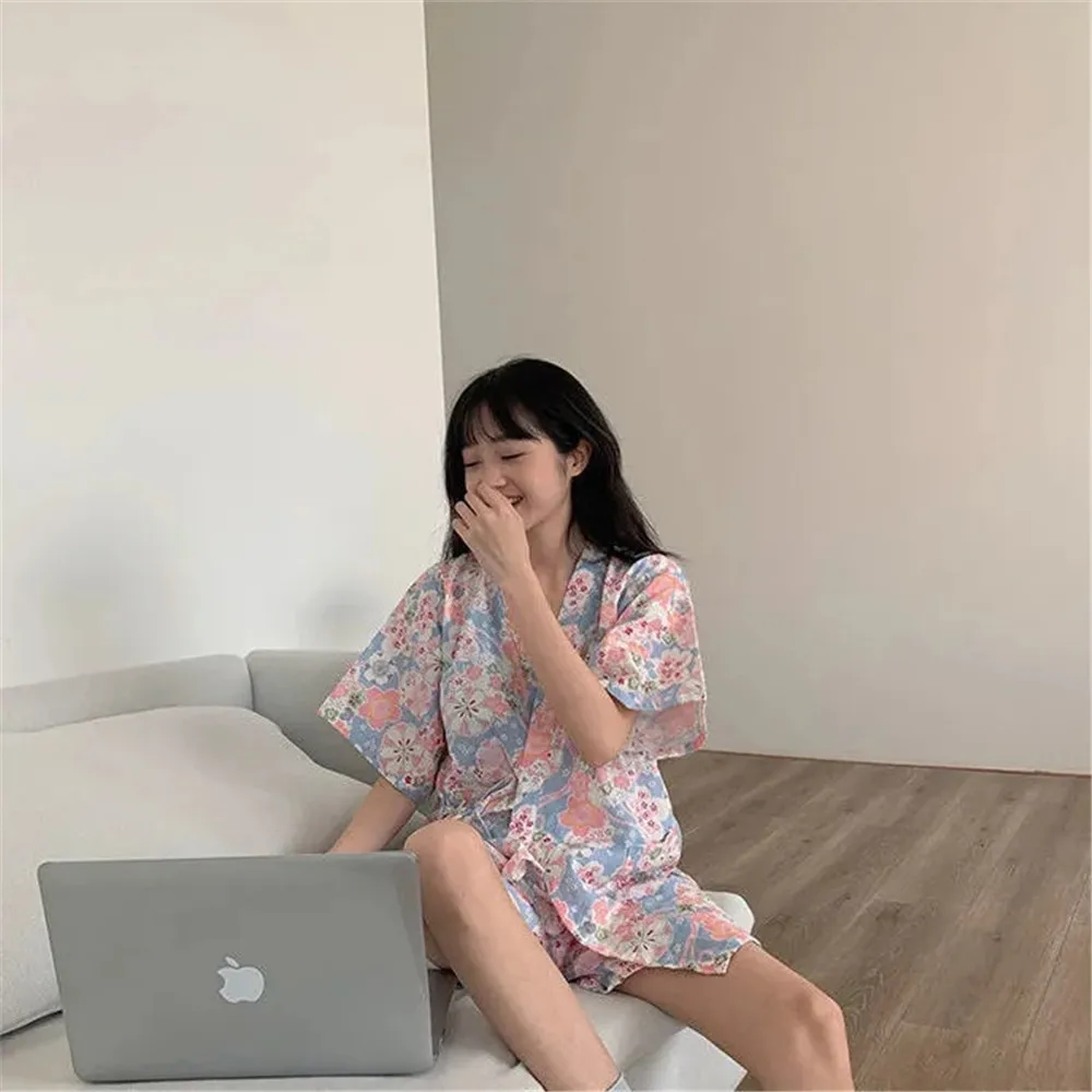 Japanese Kimono Women Girl Kawaii Room Wear Summer 2021 Pajamas Floral Print Loose Casual Shorts Pijamas Two Piece Set Nightwear