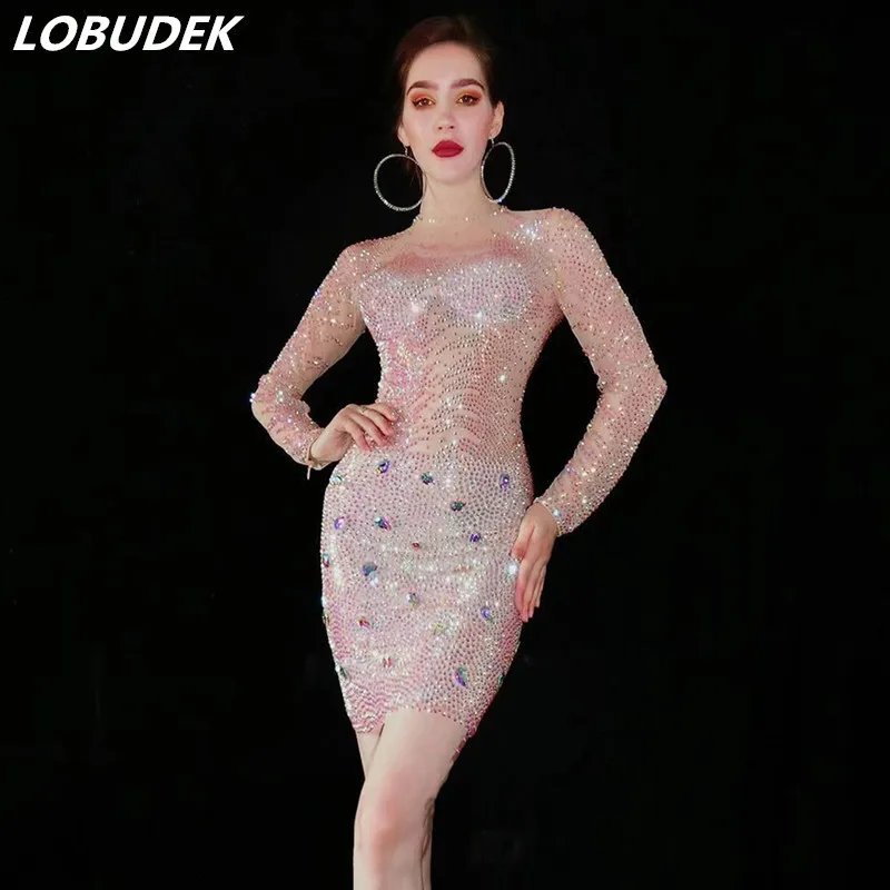

Sparkly AB Rhinestones Short Dresses Birthday Party Prom Evening Host Tight Skinny Sexy Slim Crystal Stones Dress For Singer