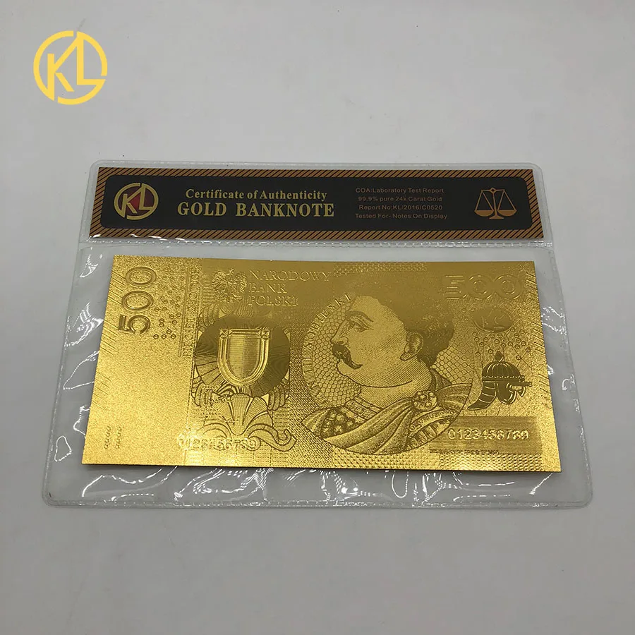 500PLN Горячее предложение, 1 шт., неизданный выпуск 1994 года, польская валюта, спроектированная цветная 24K позолоченная банкнота 500 злотых для банка, сувенирные подарки - Цвет: 500PLN
