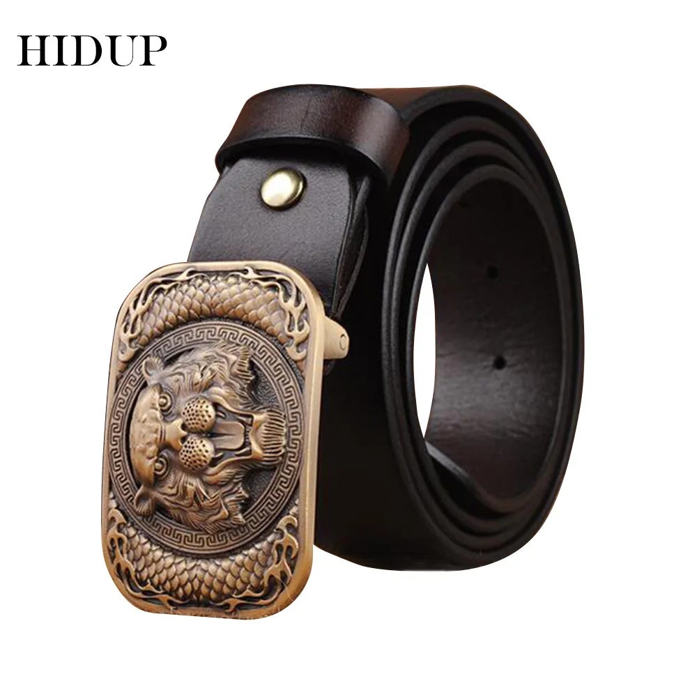 HIDUP Top Quality Design Solid Cowhide Leather Belt Men Tiger Pattern Brass Smooth Buckle Metal Belts 3.8cm Accessories NWWJ150