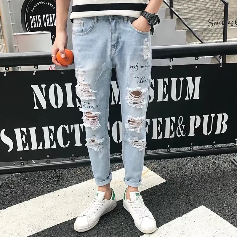 Brand Jeans Men New Men's Slim Elastic Hole Jeans Fashion Business Classic Style Stretch Ripped Jeans Streetwear Pants Trousers