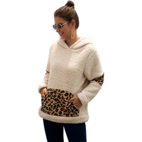 winter leopard patchwork fleece long sleeve hoodies women casual streetwear pocket plus size loose keep warm hooded tops