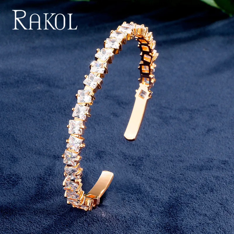 RAKOL AAA+ кубический цирконий багет Bijoux манжета Теннисный браслет и браслет с розовым золотом женские свадебные ювелирные изделия - Окраска металла: Gold Color