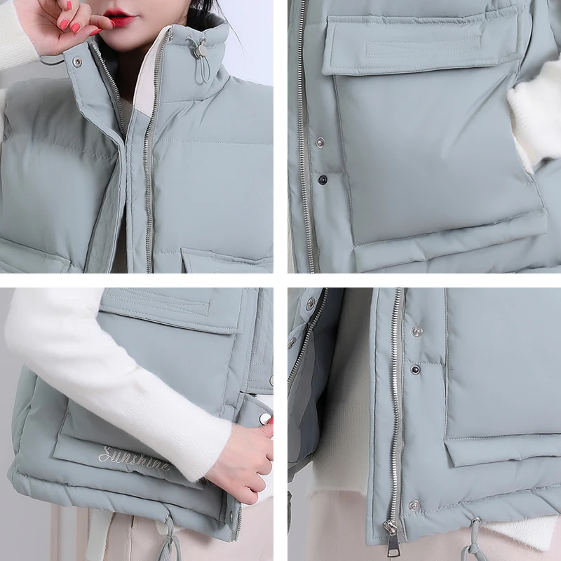 

Stand Collar Winter Women's Short Style Vest Solid Cotton Padded Thick Sleeveless Jacket Women Big Pockets Casual Outwear Ladies
