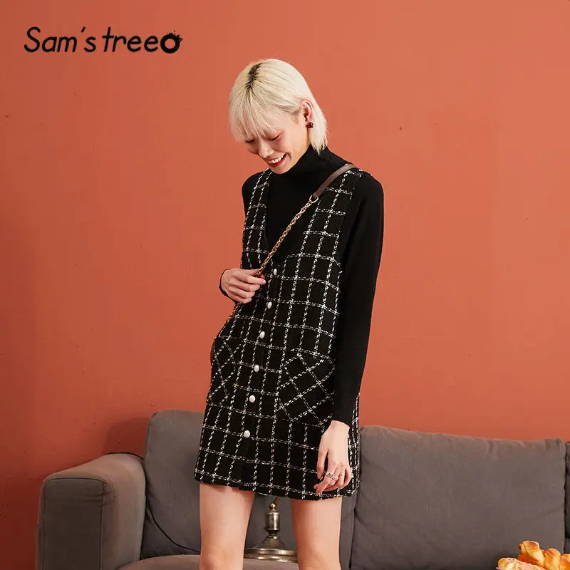 SAM'S TREE/черное твидовое Повседневное платье в клетку без рукавов для женщин; коллекция года; зимнее белое платье на пуговицах с карманами для офиса; повседневные платья для женщин