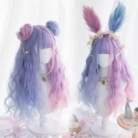 houyan long curly hair bangs with small hair bun pink purple blue wig female cosplay synthetic high temperature resistance