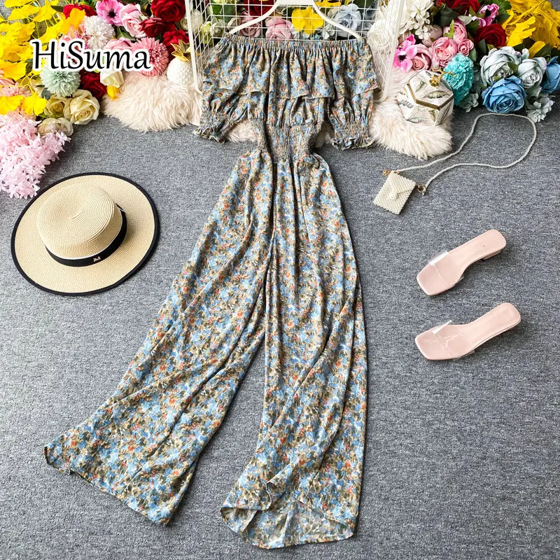 

HISUMA summer new women slash neck flower print ruffles chiffon wide leg jumpsuit female elegant waist fairy jumpsuits bodysuit