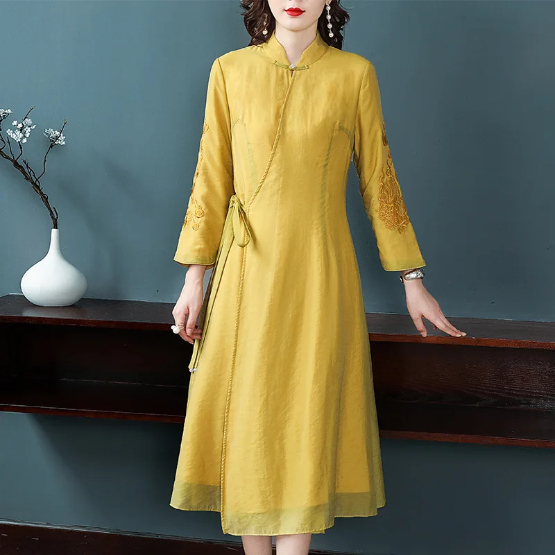 Новинка осени 2019 кружевное платье из тенсела с воротником стойкой|Женские