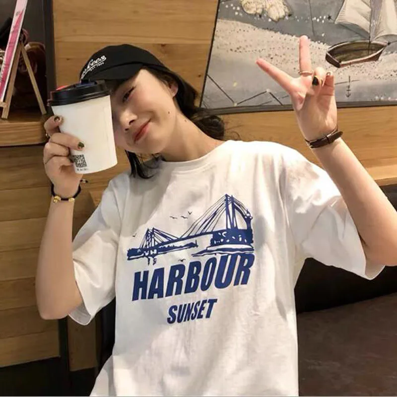 

Campus Style Woman T shirts Letters Print Short Sleeve O Neck T-shirt Femme Cotton Spandex Women Top