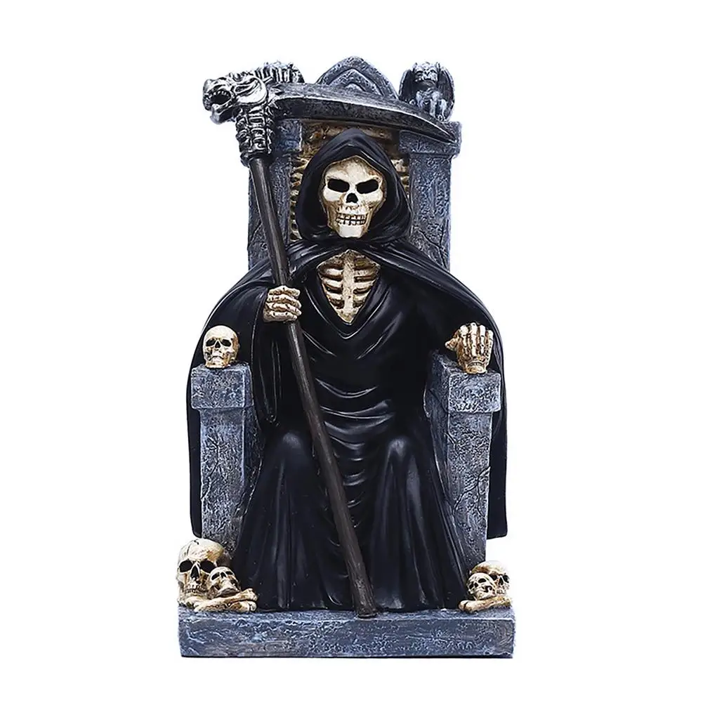 

Halloween Resin Crafts Death Grim Reaper Statue Sitting On Skeleton Throne Figurine Halloween Desktop Decoration