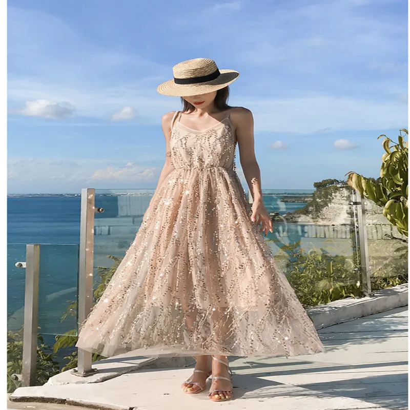 Сексуальное длинное платье с блестками женские летние праздничные платья