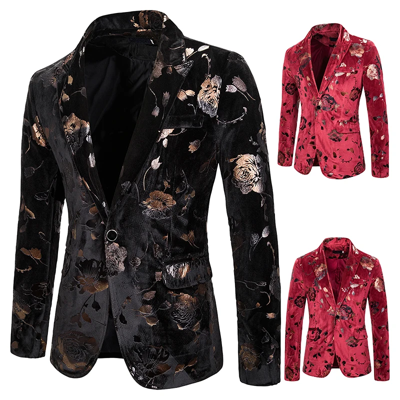 

Mens Hipster Black Gold Rose Floral Bronzing Blazer Jacket Nightclub Men Suit Jacket Wedding Stage Singer Prom Slim Fit Blazers