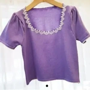 

Solid color retro square neck short sleeve knitted women lace splicing hollow out bubble sleeve short top Western style age redu