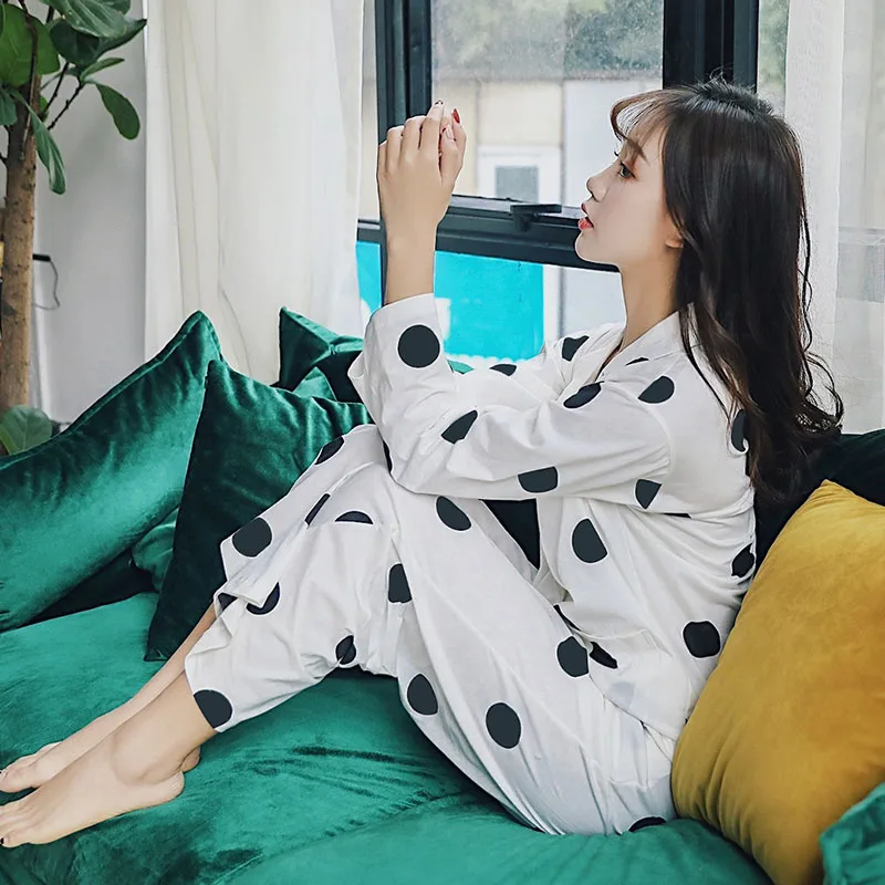 Хлопковая пижама в горошек Женский комплект весна 2019 одежда для сна длинная