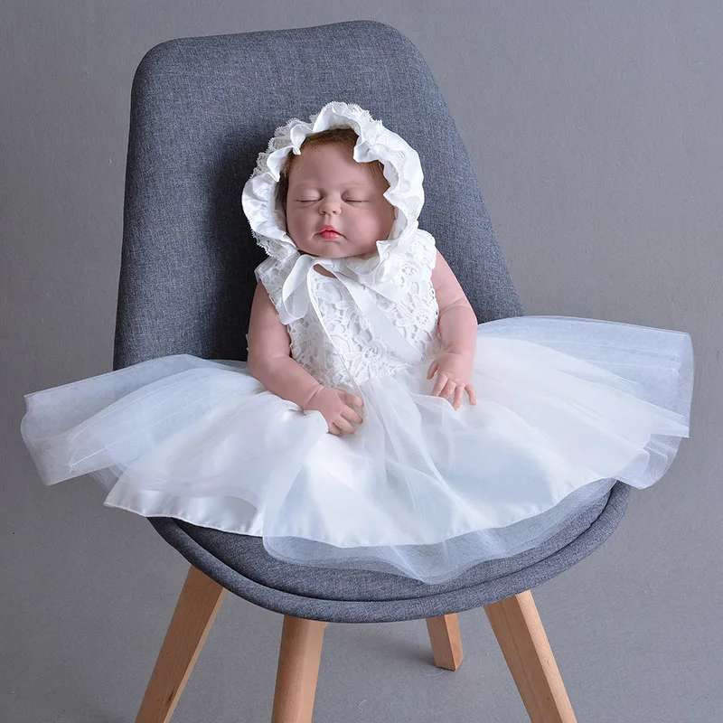 

Baby Girl Sleeveless Lace Baptism Dress Infant Ivory Big Bow Ruffles Puffy Christening Gown+Hat Newborn First Birthday Outfits