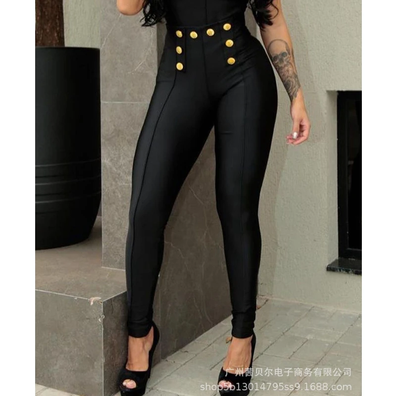 

WEPBEL Women's Fashion Solid Color Buttons Slim Pants Spring and Autumn Leisure High Waist Pencil Pants