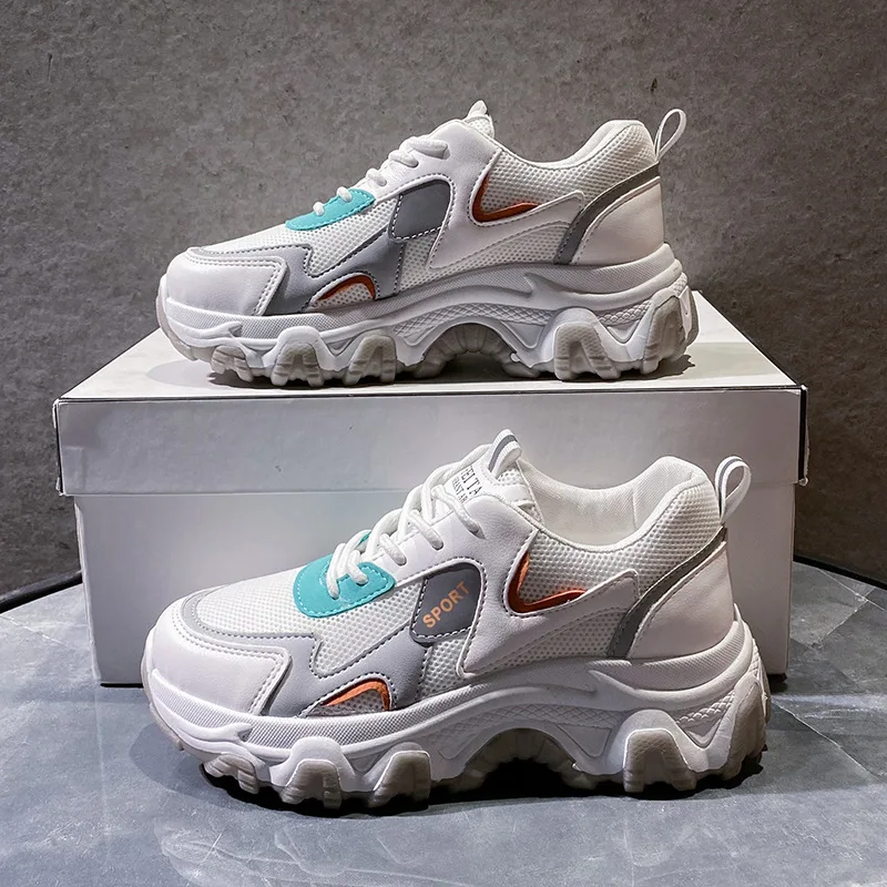 

2021 New Sneakers Women Mesh Breathable Platform Wedge Heels Shoes Lace Up Vulcanize Shoes Female Sports Flats Shoes Dad Shoes