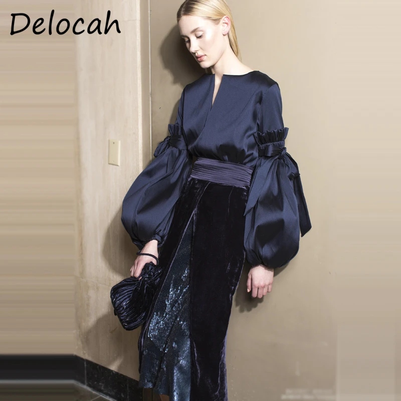 

Delocah Women Summer Fashion Designer Skirt Set Lantern Sleeve Short Tops + High Waist Split Midi Skirts 2 Two Pieces Suits 2021