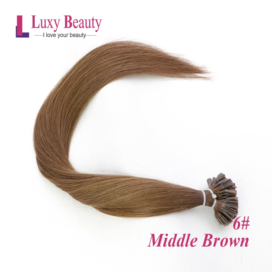 LuxyBeauty, 1 г/шт., 12-22 дюйма,#6, средний коричневый цвет, накладные волосы Remy, человеческие волосы fusion, кератиновые прямые волосы