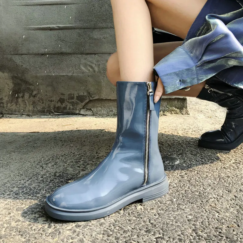 Женские ботинки из натуральной кожи Черные ботильоны на низком каблуке молнии с