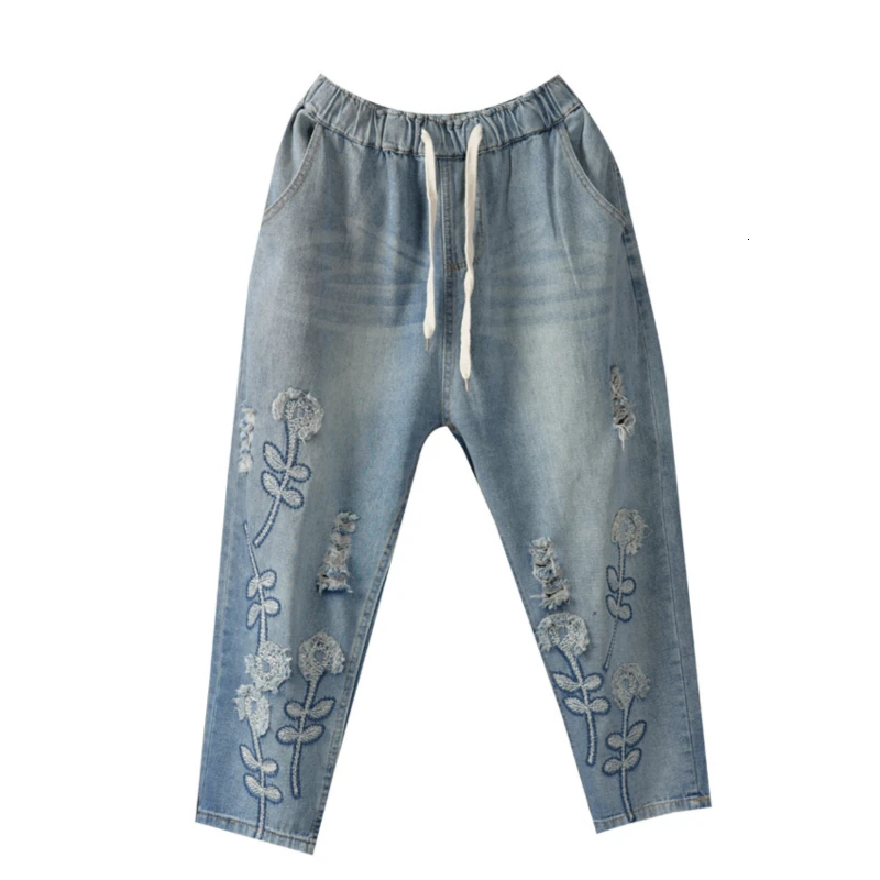 Летние джинсовые штаны шаровары брюки Капри Для женщин с вышивкой в винтажном