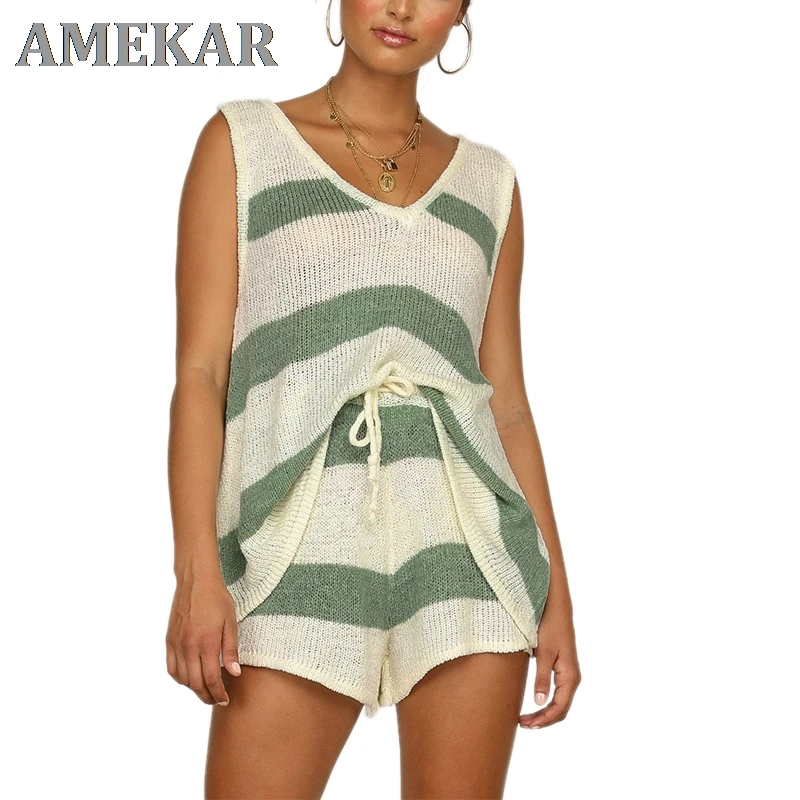 

Women Set Striped V neck Tank Top and Shorts Summer Clothes Set 2 pieces Set Fashion 2020 Women clothing
