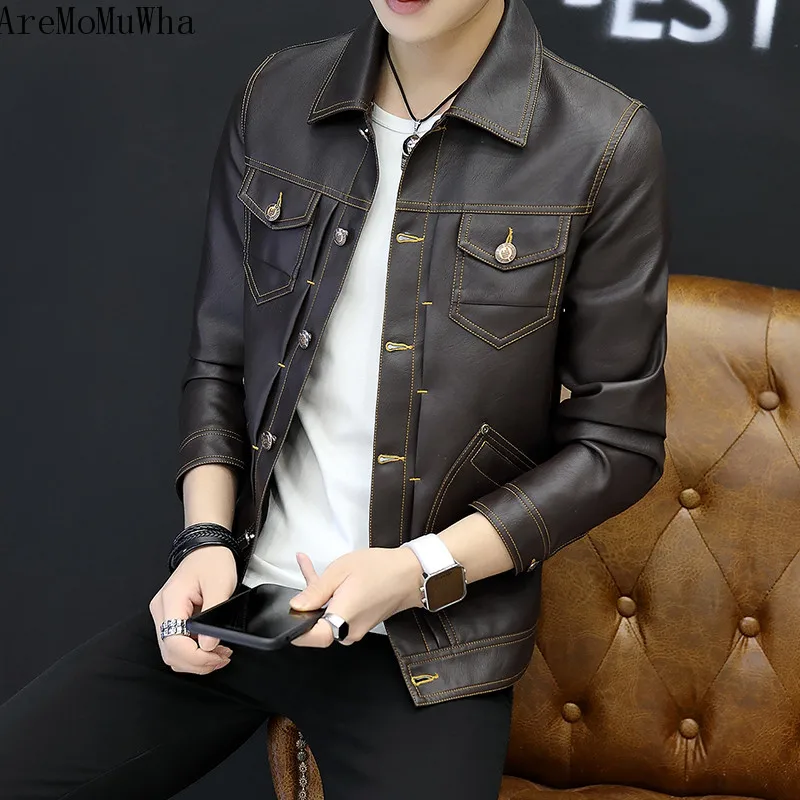 Осенняя новая стильная повседневная короткая мужская Кожаная Мотоциклетная