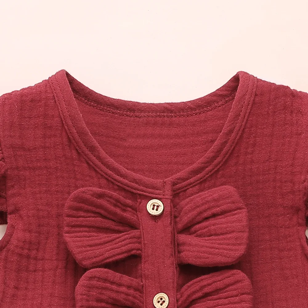 Летнее льняное платье для девочек с оборками круглым вырезом и пышными рукавами