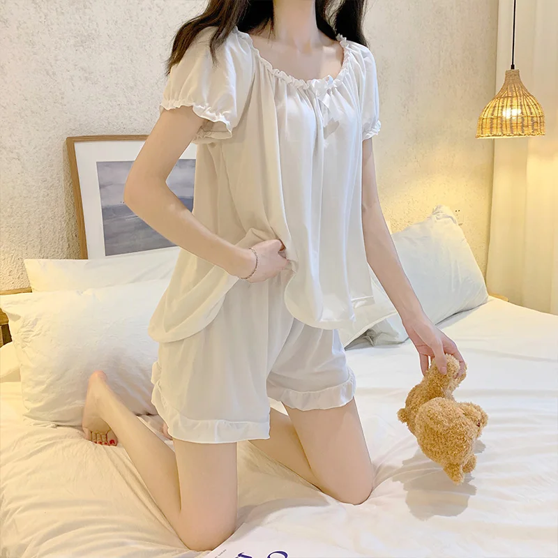 Women Pajamas Sets 2 Pcs Outfits Sleepwear Lounge White Lingerie Loungewear Summer Short Sleeve Tops Short Night Shirt Sleeping
