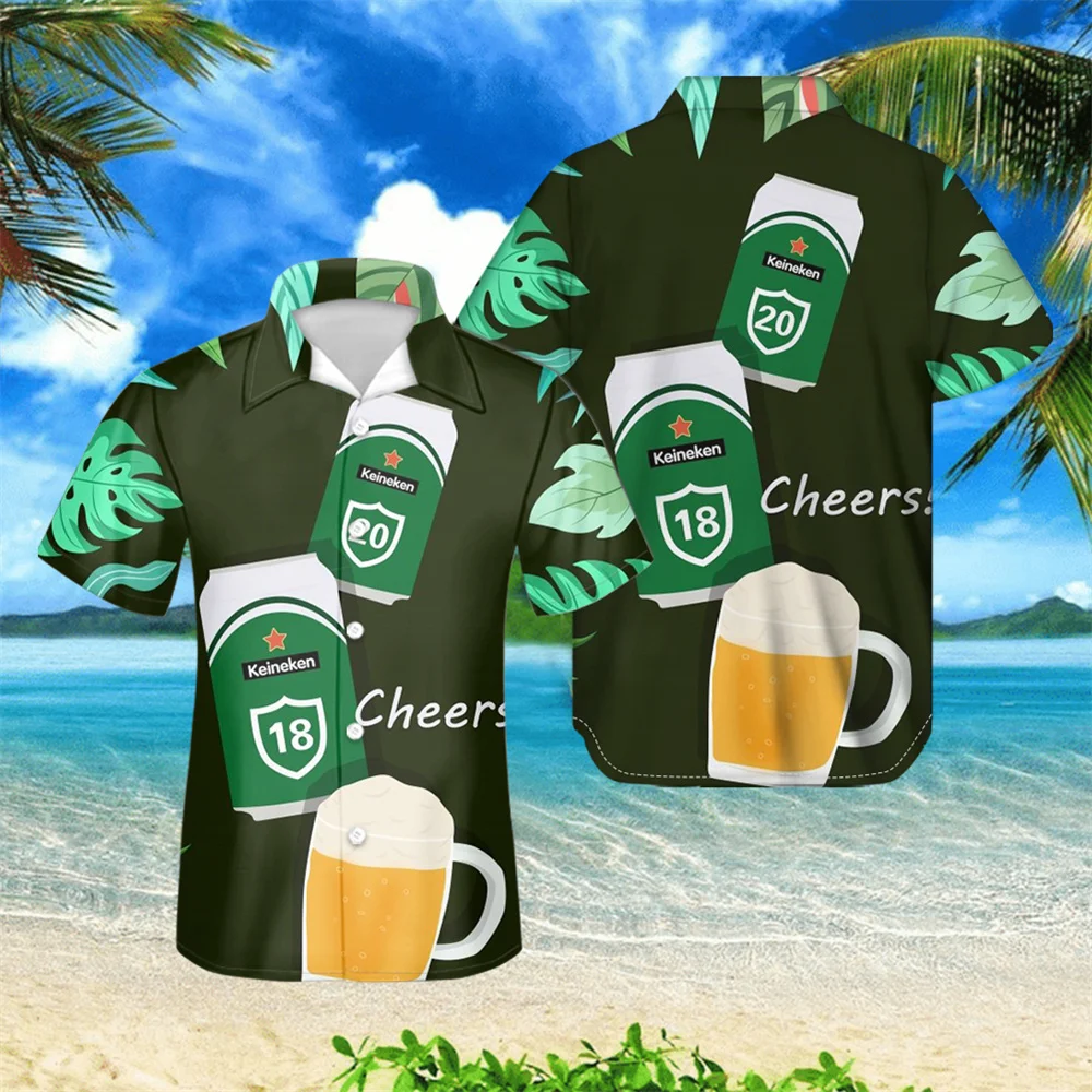 

Beer Cheers Printing Mens Camp-Collar Polyester Cuban Shirt Plus Size Loose Hawaiian Aloha Shirts Short Sleeve Turn-Down Camisa