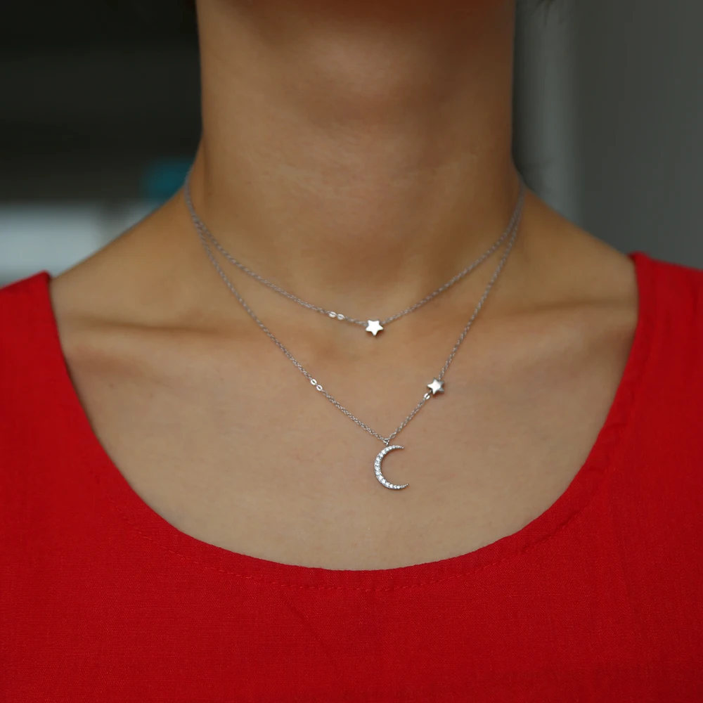 2021 новый 100% 925 стерлингового серебра простой изящный 2 многослойное ChainMoon Star cz