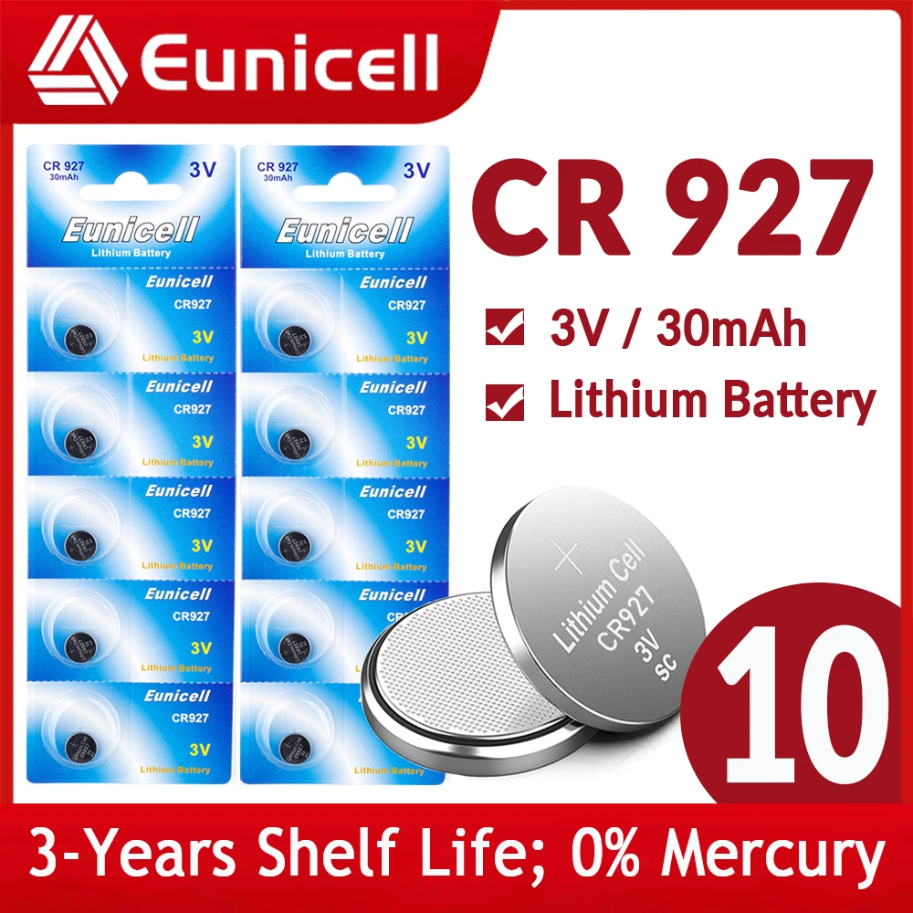 

Eunicell 10PCS 3V 30mAh CR927 Batteries 927 DL927 BR927 ECR927 5011LC 3V Lithium Coin Cells Button Battery For Watch Control Toy