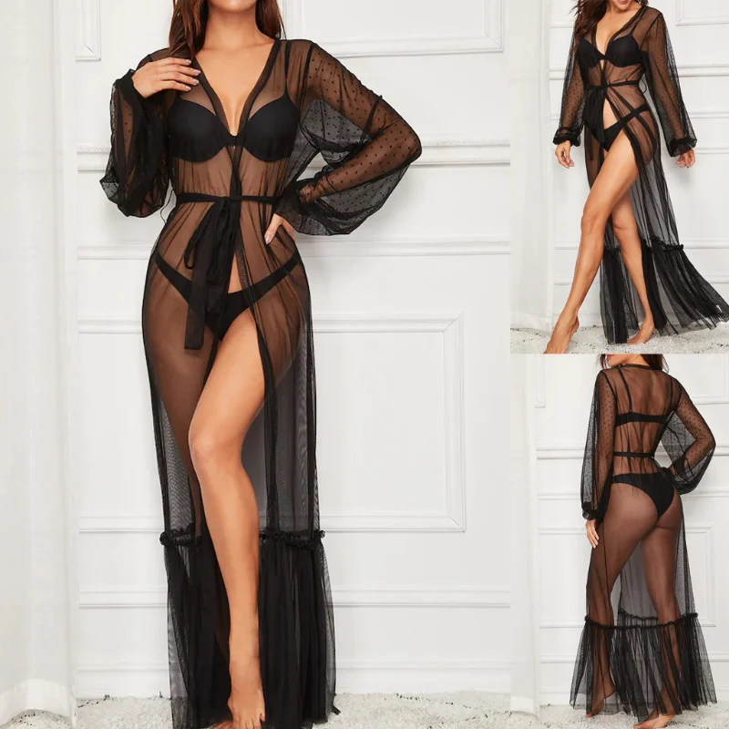 

Lace Nightgown Sexy Long Sleeve V-Neck Solid Color sexy dress club vintage black dress Lace Stitching women vintage dresses