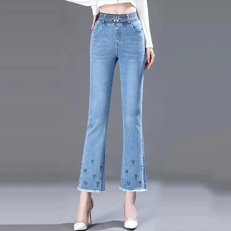 

Korean Fashion Embroidery Flare Jeans Women Elastic High Waist Denim Trousers Slim Female Vintage Plus Size Skinny Stretch Jeans