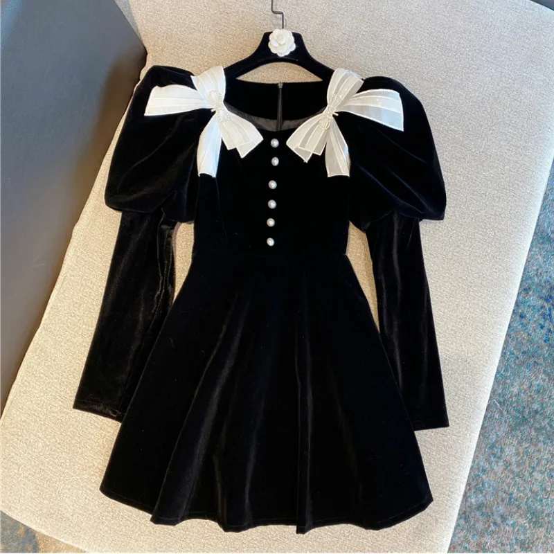 

Женское бархатное платье с бантом, Черные милые приталенные платья с длинным рукавом-фонариком в стиле ретро, весна-зима 2021
