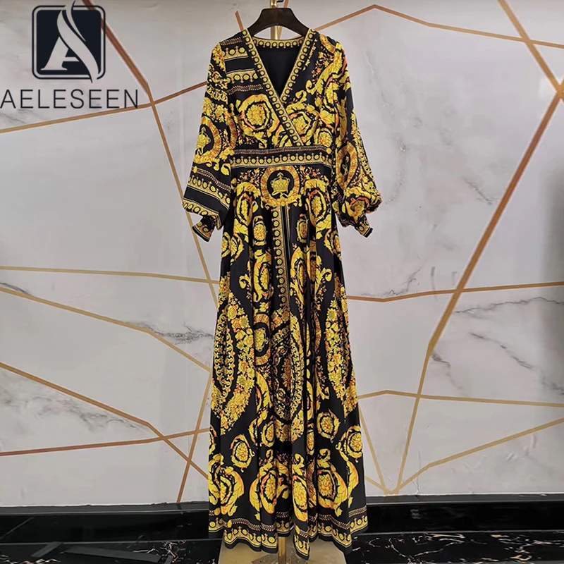 

Женское подиумное платье AELESEEN, весна-лето 2021, Длинные вечерние платья с рукавами-фонариками синего и желтого цветов и v-образным вырезом